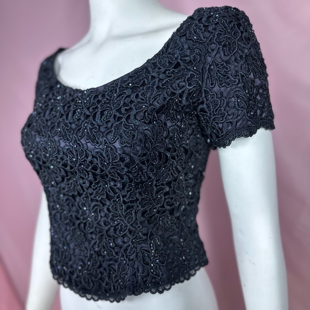 HTF Carmen Marc Valvo Petite beaded blue short-sleeve formal top, size 6 - Picture 13 of 16